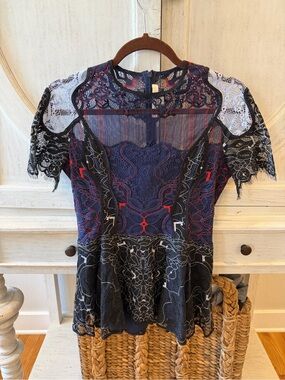 Jonathan Simkhai Navy, Black & Red Lace Peplum Top